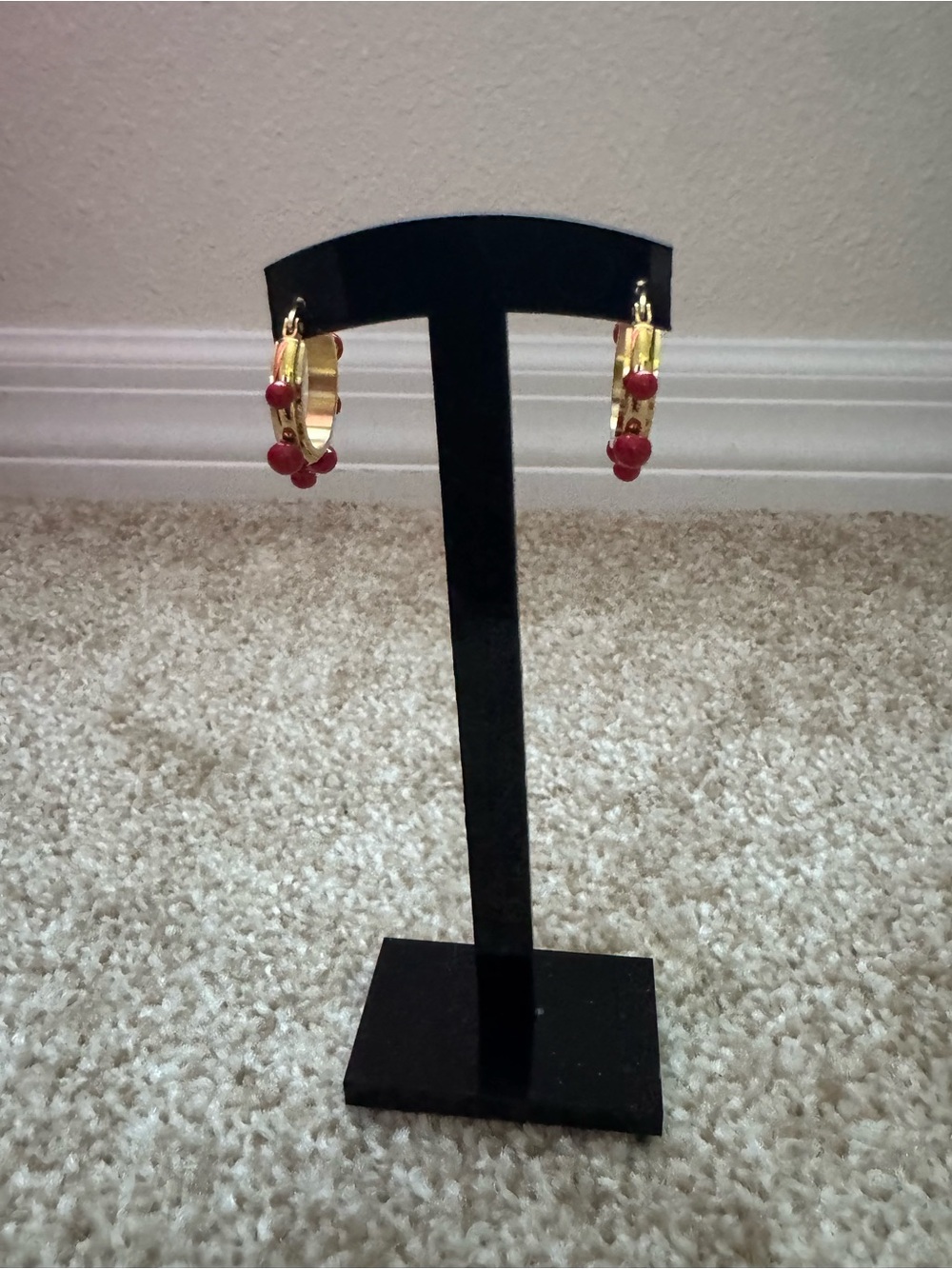 Fashion Jewelry Gold Hoops with Red Bead Drops